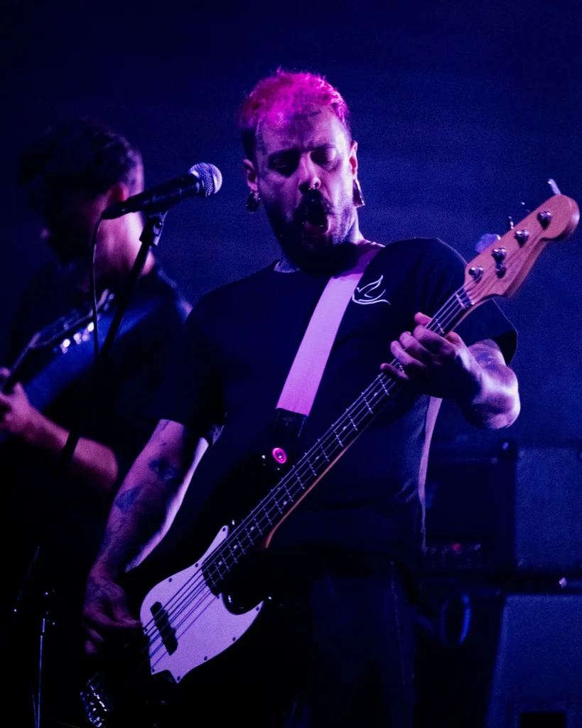 Baixista dos Avesso de cabelo cor-de-rosa a cantar ao microfone enquanto toca baixo no Quartel das Artes em 2025, fotografia de concertos xpectrum.